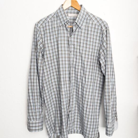 Ermenegildo Zenga Plaid Button Down Dress Shirt Medium Black Gray Work Office - Picture 1 of 6